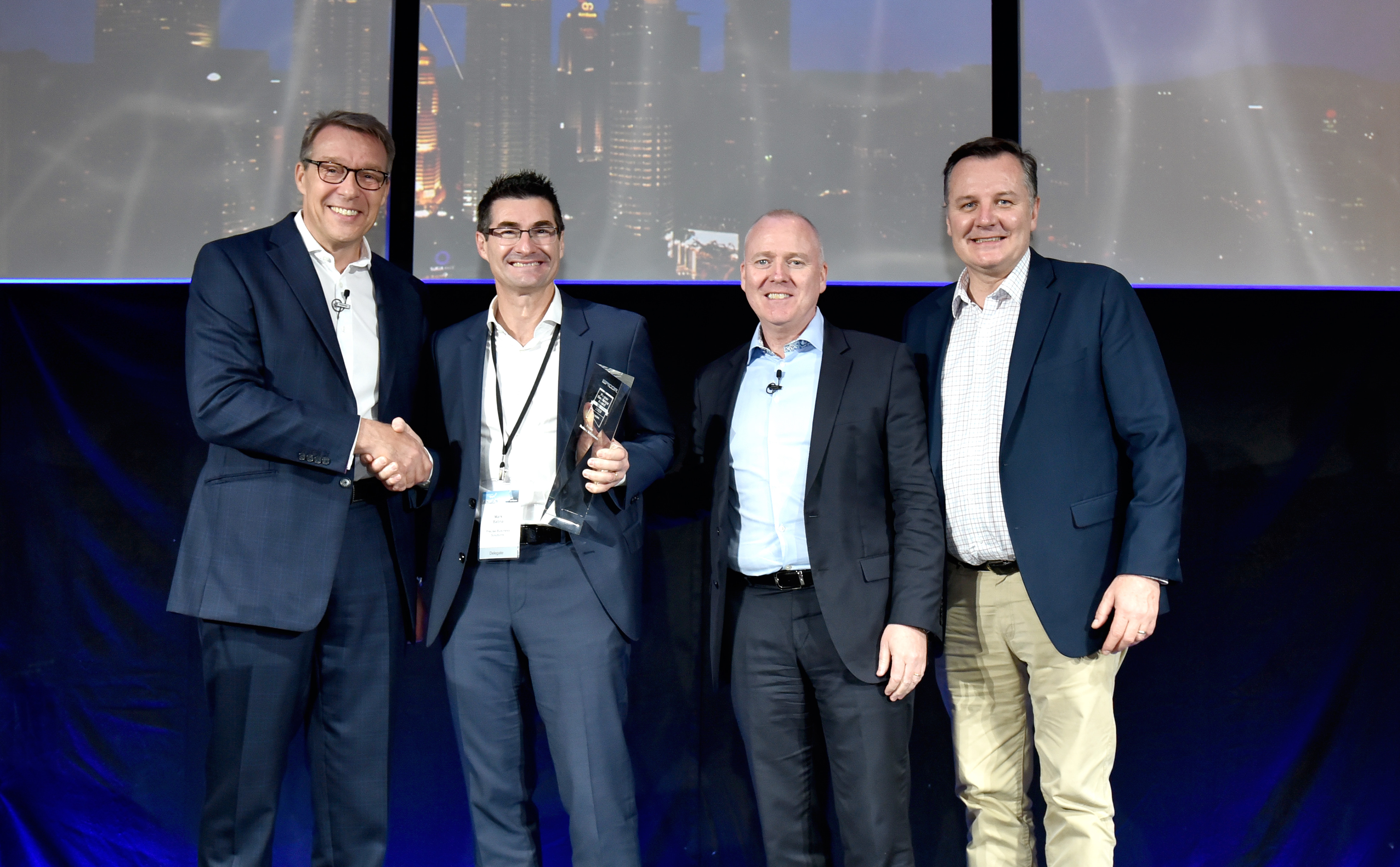 Managing Director Mark Batina accepting the 2019 Customer Excellence Award at the Epicor ANZ Insights conference