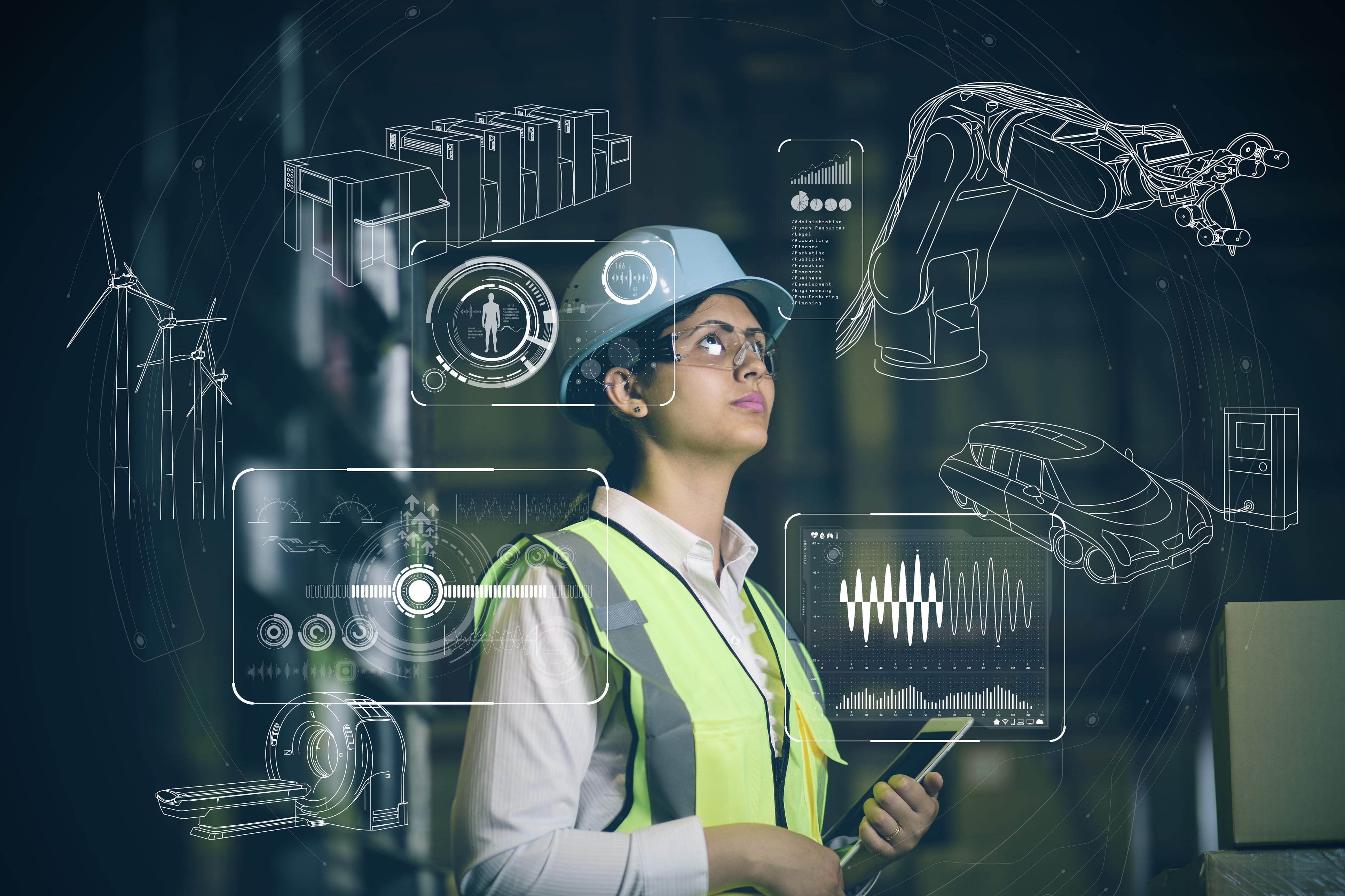 A female engineer in PPE seemingly overwhelmed by the possibilities in technology advancement and digital transformation