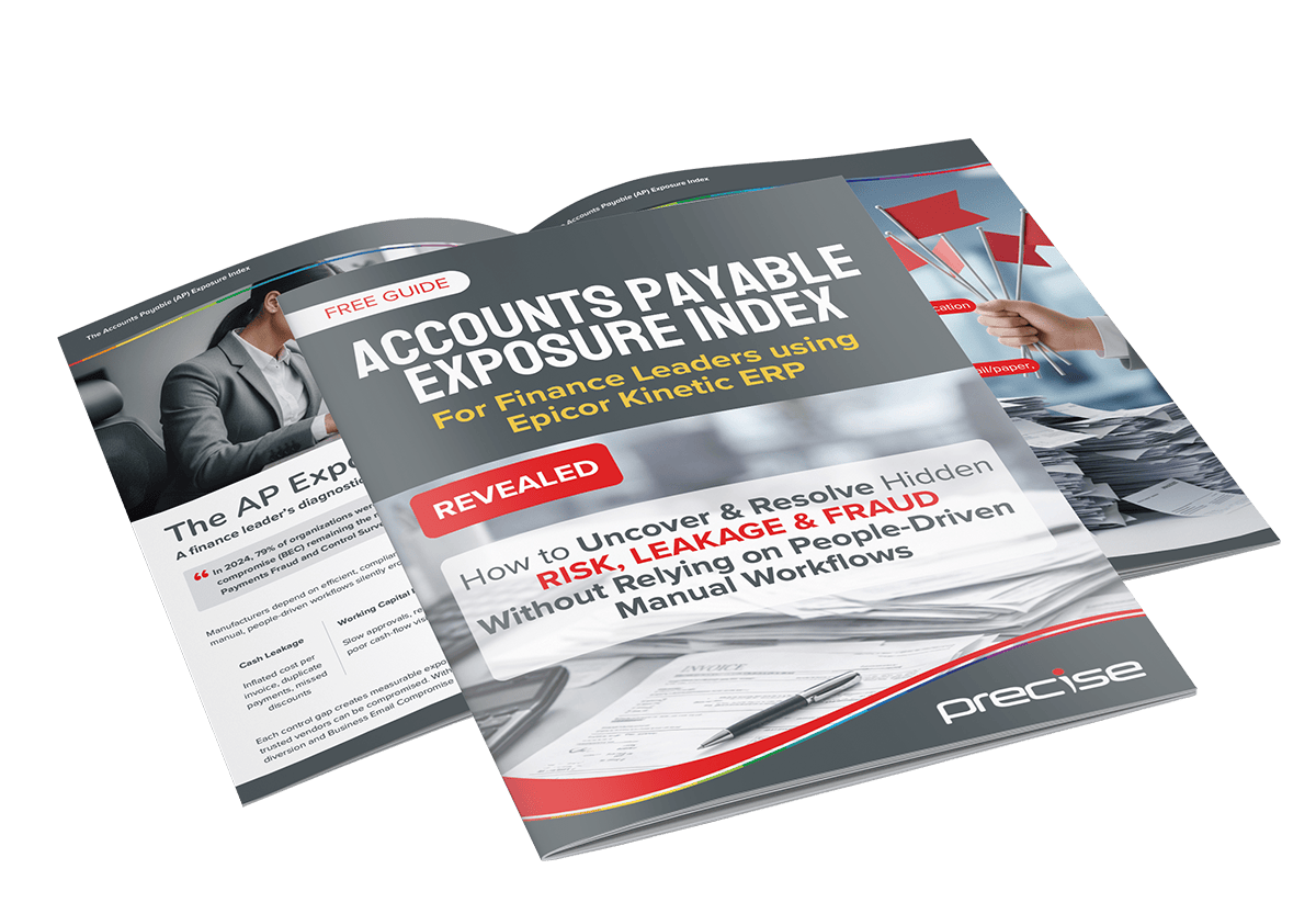 Accounts-Payable-Exposure-Index-eBook-Mockup 3D eBook mockup of "Accounts Payable Exposure Index" guide for finance leaders using Epicor Kinetic ERP by Precise Business Solutions.